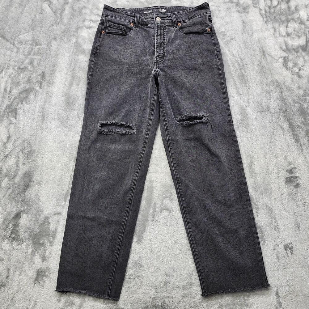 Old Navy Jeans Womens 10 Faded Black Distressed High Rise O.G. Loose Fit Raw Hem
